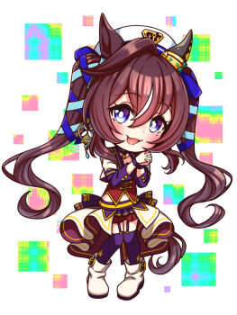 1girl animal_ears beret blue_eyes blue_ribbon blush bodice boots breasts brown_hair chibi chibi_only choker collarbone commentary_request corset cropped_jacket ear_covers full_body garter_straps hair_between_eyes hat highres horse_ears horse_girl horse_tail interlocked_fingers jacket long_hair long_sleeves looking_at_viewer midriff_peek mole mole_under_eye multicolored_hair navel open_mouth overskirt own_hands_clasped own_hands_together pendant_choker purple_choker purple_garter_straps purple_thighhighs red_corset red_shorts ribbon shirt shorts single_ear_cover smile solo star_(symbol) starting_future_(umamusume) streaked_hair sugimotty_nova tail thighhighs twintails umamusume vivlos_(umamusume) white_boots white_hat white_jacket white_shirt wristband