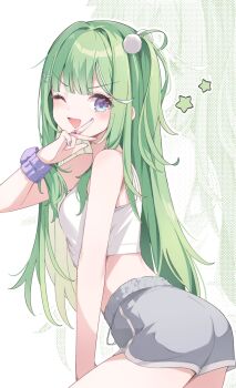 Rule 34 | 1girl, ass, camisole, commentary, cowboy shot, crop top, dolphin shorts, green hair, grey shorts, hair ornament, hairclip, hand up, henaaaa, highres, long hair, looking at viewer, looking to the side, multicolored hair, nail polish, open mouth, pom pom (clothes), pom pom hair ornament, purple eyes, purple nails, purple scrunchie, scrunchie, short shorts, shorts, solo, star (symbol), stellive, straight hair, streaked hair, symbol-only commentary, triangle mouth, turning head, v-shaped eyebrows, virtual youtuber, white camisole, wrist scrunchie, yuzuha riko, zoom layer