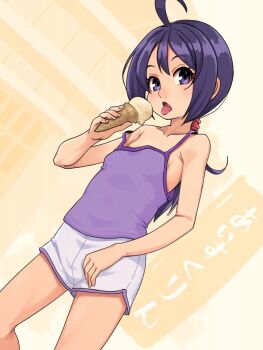 1girl ahoge alternate_costume bakumatsu_rouman commentary_request covered_erect_nipples fang food hair_tie highres holding holding_food holding_ice_cream ice_cream ice_cream_cone ichijou_akari licking_food looking_at_viewer low_ponytail medium_hair no_bra open_mouth ponytail purple_eyes purple_hair purple_tank_top shorts solo standing strap_slip stupa13a tank_top tongue tongue_out white_shorts