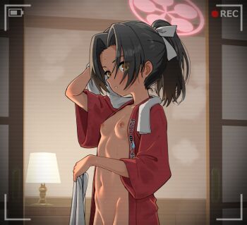 1girl battery_indicator black_hair blue_archive breasts commentary dark-skinned_female dark_skin halo hidden_camera holding holding_towel indoors jacket lamp loli long_sleeves naked_jacket navel nipples open_clothes open_jacket open_mouth out-of-frame_censoring pink_halo ponytail recording red_jacket rickshaw_student_(blue_archive) scanlines short_hair short_sleeves small_breasts solo special_cat stomach sweat towel towel_around_neck variant_set viewfinder voyeur_pov voyeurism yellow_eyes