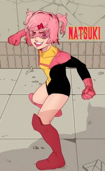 1girl :d arms_up black_bodysuit blush bob_cut bodysuit boots breasts character_name crack cracked_wall doki_doki_literature_club fighting_stance from_above full_body furrowed_brow gloves goggles hair_intakes hair_ornament hair_ribbon highres invincible_(series) knee_boots looking_at_viewer looking_up mixerplayz69 natsuki_(doki_doki_literature_club) open_mouth pink-tinted_eyewear pink_bodysuit pink_boots pink_eyes pink_gloves pink_hair red_ribbon ribbon romaji_text shards short_hair small_breasts smile standing stone_wall superhero_costume teeth tile_floor tiles tinted_eyewear two_side_up upper_teeth_only v-shaped_eyebrows x_hair_ornament yellow_bodysuit