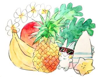 Rule 34 | animal focus, apple, banana, closed eyes, eyewear on head, flower, food, fruit, gen 4 pokemon, hibiscus, leaf, nintendo, no humans, non (kumakawayusu), pachirisu, painting (medium), pineapple, pokemon, pokemon (creature), simple background, smile, solo, starfruit, sunglasses, traditional media, watercolor (medium), white background, white flower