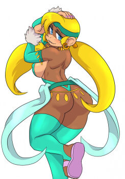 1girl :3 arabian_clothes ass back blonde_hair breasts colored_skin daigaijin donkey_kong_(series) earrings feet fur_trim furry furry_female gold_choker headband highres hoop_earrings jewelry large_breasts long_hair looking_back monkey monkey_girl nail_polish nintendo sandals shiny_skin sideboob sidelocks stirrup_legwear thick_thighs thighhighs thighs tiny_kong toeless_legwear toes twintails very_long_hair