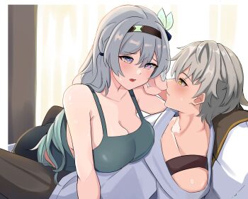 Rule 34 | 1boy, 1girl, absurdres, aqua tank top, blue ribbon, blush, breasts, brown hairband, caelus (honkai: star rail), erushira, firefly (honkai: star rail), gradient eyes, gradient hair, green pupils, grey hair, hair between eyes, hair intakes, hair ornament, hair ribbon, hair tubes, hairband, hashtag-only commentary, highres, honkai: star rail, honkai (series), large breasts, long hair, multicolored eyes, multicolored hair, on bed, open mouth, pillow, ribbon, short hair, tank top, teeth, trailblazer (honkai: star rail)