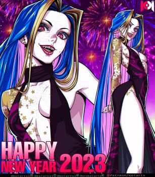 1girl 2023 :d arched_back arm_behind_back arm_tattoo bare_shoulders black_dress blonde_hair blue_hair braces breast_tattoo breasts collarbone dress earrings feet_out_of_frame fireworks freckles happy_new_year highres hip_tattoo jewelry jinx_(league_of_legends) koiarts league_of_legends long_hair medium_breasts multicolored_hair multiple_views new_year no_bra open_mouth pale_skin pink_eyes pink_hair red_lips shoulder_tattoo smile star_(symbol) star_tattoo tattoo teeth very_long_hair