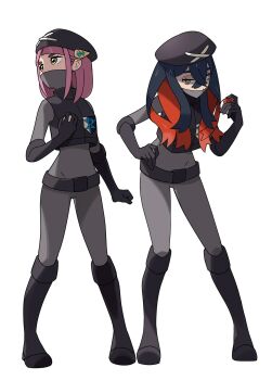 black_boots black_gloves black_hair black_vest bodysuit boots brown_eyes carmine_(pokemon) colored_inner_hair crossed_bangs elbow_gloves full_body gloves grey_bodysuit hair_between_eyes hair_ornament hairclip highres himurohiromu holding holding_poke_ball lacey_(pokemon) long_hair looking_at_viewer looking_to_the_side mask mouth_mask multicolored_hair nintendo pink_hair poke_ball poke_ball_(basic) pokemon pokemon_bw2 pokemon_sv red_hair short_hair team_plasma_uniform thigh_boots two-tone_hair vest white_background yellow_eyes