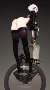 1girl absurdres ass bent_over black_thighhighs boots covered_eyes duto full_body gradient_background grey_background high_heel_boots high_heels highres leotard machine mole mole_under_mouth nier:automata nier_(series) pod_(nier:automata) pout short_hair silver_hair skindentation sparkle standing thick_thighs thigh_boots thighhighs thighhighs_under_boots thighs 2b_(nier:automata)