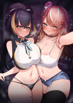 2girls :q absurdres black_choker black_hair black_hat black_panties black_thighhighs blonde_hair blue_eyes body_writing bow breasts camisole check_commentary choker cleavage commentary_request cowboy_shot crop_top hair_bun hat highres igarashi_rika karin_(a62826704) large_breasts long_hair looking_at_viewer multi-strapped_panties multicolored_hair multiple_girls naughty_face navel nijisanji nijisanji_en orange_hair panties panty_lift petra_gurin petra_gurin_(2nd_costume) shirt short_shorts shorts side_up_bun sleeveless sleeveless_shirt steaming_body streaked_hair tally thighhighs tongue tongue_out underwear white_bow white_camisole white_hair