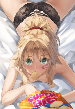 1girl ass black_panties blonde_hair breasts butt_crack chips_(food) eating fate/apocrypha fate_(series) food food_in_mouth green_eyes highres looking_at_viewer lying mordred_(fate) on_stomach panties ponytail potato_chips short_hair small_breasts solo tonee topless_female underwear