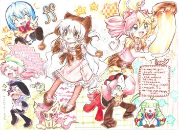 2000s_(style) 6+girls ahoge animal animal_hat animalization blue_hair cat_hat charlotte_(madoka_magica) chibi child commentary crossover drill_hair dullahan english_commentary english_text flutterbat fluttershy food green_hair hat highres lennardo_(grim_the_end) long_hair lory_(grim_the_end) mahou_shoujo_madoka_magica mahou_shoujo_madoka_magica:_hangyaku_no_monogatari mahou_shoujo_madoka_magica_(anime) mahou_shoujo_madoka_magica_movie_1_&amp;_2 me-tan miki_sayaka miki_sayaka_(magical_girl) momoe_nagisa momone_momo multiple_crossover multiple_girls my_little_pony my_little_pony:_friendship_is_magic original os-tan pink_hair pudding purple_hair school_uniform short_hair sitting star_(symbol) traditional_media twin_drills utane_uta utau v white_hair