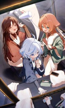 3girls black_jacket blue_eyes blue_hair boo_tao_(genshin_impact) breasts brown_hair brown_jacket comb floral_print floral_print_kimono flower flower-shaped_pupils furina_(genshin_impact) genshin_impact green_eyes hair_between_eyes heterochromia highres holding holding_carton holding_comb holding_milk_carton horns hu_tao_(genshin_impact) imasaki_kei jacket japanese_clothes kimono long_hair long_sleeves milk_carton multicolored_hair multiple_girls one_eye_closed open_mouth pink_hair print_kimono red_eyes smile streaked_hair symbol-shaped_pupils white_hair white_kimono yanfei_(genshin_impact) yukata