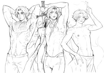 1girl 2boys altades_art alucard_(castlevania) armpit_hair bare_pectorals castlevania_(netflix) castlevania_(series) commentary english_commentary monochrome multiple_boys navel_hair nipples open_clothes pectorals pubic_hair scar scar_on_chest scar_on_shoulder sypha_belnades trevor_c._belmont