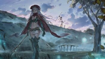 alleyne_(queen's_blade) armor belt beret blonde_hair blue_eyes braid breasts cape elbow_gloves elf gloves hat large_breasts long_hair midriff monkey navel nowa_(queen's_blade) pointy_ears queen's_blade side_braid staff