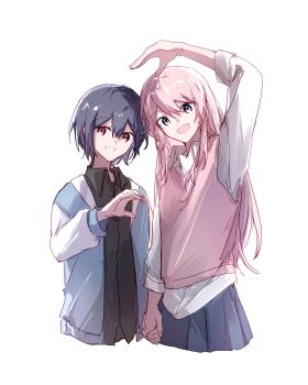 2girls arm_up bang_dream! bang_dream!_it&#039;s_mygo!!!!! black_shirt blue_jacket blue_skirt brown_eyes chihaya_anon fang grey_eyes grey_hair hair_between_eyes heart_arms_failure heart_hands_failure hibioes highres holding_hands jacket long_hair multiple_girls open_clothes open_jacket open_mouth pink_hair pink_sweater_vest pleated_skirt shirt short_hair simple_background skirt sweater_vest takamatsu_tomori white_background white_shirt