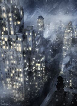 Rule 34 | building, city lights, cityscape, fog, from above, night, no humans, original, outdoors, river, scenery, signature, skyscraper, snow, snowing, zandra