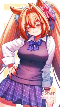 1girl animal_ears blue_blue blue_skirt blue_sweater_vest blush bow breasts brown_hair closed_mouth collared_shirt commentary_request creape daiwa_scarlet_(umamusume) ear_bow hair_between_eyes hair_intakes highres horse_ears horse_girl large_breasts long_hair long_sleeves looking_at_viewer pink_bow pleated_skirt red_eyes school_uniform shirt skirt smile solo sweater_vest twintails umamusume very_long_hair white_shirt