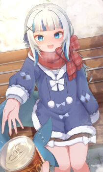 1girl 1other absurdres bench blue_bow blue_coat blue_eyes blue_hair blunt_bangs bow bowtie breath brown_skirt can coat cropped_legs fins fish_tail fur-trimmed_coat fur_trim gawr_gura gawr_gura_(winter_casual) grey_hair hair_bow hair_ornament highres holding holding_can hololive hololive_english long_sleeves looking_at_viewer multicolored_hair open_mouth outstretched_arm plaid_clothes plaid_scarf pom_pom_(clothes) pov red_scarf scarf scarf_bow shark_girl shark_tail sharp_teeth sitting skirt smile soyose streaked_hair tail teeth virtual_youtuber white_bow white_bowtie winter_clothes x_hair_ornament
