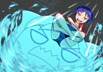 1girl animal_ears aq_interactive arcana_heart artist_request ass backpack bag bare_shoulders daidouji_kira examu fangs from_below grin highres looking_at_viewer midair one-piece_swimsuit open_mouth parted_bangs randoseru school_swimsuit short_hair sitting slime smile swimsuit teeth yellow_eyes