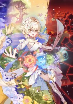 1girl absurdres aerokinesis arm_armor black_gloves blonde_hair boots breasts cleavage commentary_request detached_sleeves dress electricity electrokinesis feather_hair_ornament feathers field fingerless_gloves fire flower flower_field full_body genshin_impact geokinesis gloves hair_between_eyes hair_flower hair_intakes hair_ornament highres hydrokinesis looking_at_viewer lumine_(genshin_impact) medium_breasts open_mouth pyrokinesis reaching reaching_towards_viewer short_hair_with_long_locks solo standing standing_on_one_leg thigh_boots thighhighs tree upper_body water white_boots white_dress wind yellow_eyes yoshicon zettai_ryouiki