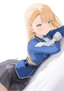 absurdres belt black_belt black_skirt blonde_hair blue_shirt closed_mouth collared_shirt commentary crossed_arms diptip english_commentary gloves highres long_hair long_sleeves looking_at_viewer lying on_side original pleated_skirt shirt simple_background skirt solo tilda_(diptip) white_background white_gloves