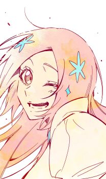 Rule 34 | 1girl, absurdres, bleach, bleach: sennen kessen-hen, female focus, hair ornament, hairclip, highres, inoue orihime, long hair, looking at viewer, n (nauki 11), one eye closed, open mouth, orange hair, puffy sleeves, simple background, upper body, white background, wink