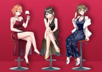 3girls ahoge alternate_costume arisugawa_natsuha bare_legs black_dress black_hair blonde_hair blue_dress blush breasts brown_hair camellia_90 champagne_flute cleavage cocktail_glass commentary crossed_legs cup dress drinking_glass evening_gown fingernails full_body hand_on_own_cheek hand_on_own_face high_heels highres holding holding_cup idolmaster idolmaster_shiny_colors ikaruga_luca italian_commentary jewelry kuwayama_chiyuki large_breasts looking_at_viewer medium_breasts multicolored_hair multiple_girls nail_polish necklace on_stool orange_hair red_dress shawl sitting sleeveless sleeveless_dress smile streaked_hair two-tone_hair white_shawl wine_glass