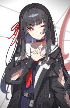 1girl absurdres arm_cutout black_choker black_hair black_jacket black_serafuku blunt_bangs chisa_(wuthering_waves) choker clothing_cutout commentary dao_qie hair_ribbon hand_up highres jacket light_blush long_hair long_sleeves looking_at_viewer mole mole_under_eye nail_polish neckerchief one_eye_closed red_eyes red_nails red_neckerchief red_ribbon revision ribbon sailor_collar school_uniform serafuku solo string string_of_fate upper_body white_sailor_collar wuthering_waves