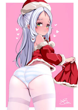 1girl ass azur_lane blue_panties commentary_request dedorudy detached_sleeves from_behind fur-trimmed_headwear fur_trim green_eyes hat heart highres long_hair long_sleeves looking_at_viewer panties pantyhose parted_lips pink_background red_hat red_shirt red_skirt red_sleeves santa_costume santa_hat shirt simple_background sims_(azur_lane) skirt sleeveless sleeveless_shirt solo striped_clothes striped_panties thighband_pantyhose underwear unworn_skirt white_hair white_pantyhose