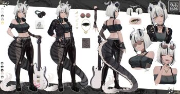 1girl black_boots black_gloves black_hair black_jacket black_nails black_pants boots breasts color_guide commentary dragon_girl dragon_tail english_commentary eyewear_on_head fingerless_gloves gloves guitar headphones headphones_around_neck horns indie_virtual_youtuber instrument jacket multicolored_hair navel oni_kanzei open_clothes open_jacket pants reference_sheet sansin_jin stomach streaked_hair tail torn_clothes torn_pants virtual_youtuber white_hair yellow_eyes