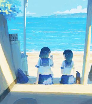 2girls backpack bag black-framed_eyewear black_hair blue_bag blue_skirt brown_bag cloud day fjsmu food from_behind glasses highres holding holding_food looking_at_another medium_hair mountainous_horizon multiple_girls ocean onigiri open_mouth original outdoors scenery school_bag school_uniform serafuku shade shirt short_hair short_sleeves skirt sky smile summer unworn_backpack unworn_bag white_shirt wide_shot