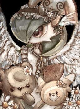 1girl @_@ black_hairband bob_cut brooch capelet character_doll clothed_pokemon colored_skin crescent daisy_(flower) doll doll_on_head feathered_wings female_focus flat_chest flower frilled_hairband frills gardevoir gem gen_2_pokemon gen_3_pokemon gen_7_pokemon green_hair hair_ornament hair_over_one_eye hairband highres holding holding_stuffed_toy jewelry looking_to_the_side neverland+ nintendo one_eye_covered pokemon pokemon_(creature) red_eyes short_hair solo spinda stuffed_animal stuffed_toy stufful teddiursa textless_version white_capelet white_flower white_skin white_wings wing_hair_ornament wings yellow_gemstone