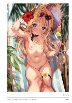 1girl @_@ absurdres armpits blonde_hair blue_eyes blush breasts choker cup dappled_sunlight drinking_glass eyewear_on_head flower from_above hammock hat heart heart-shaped_eyewear highres kink_(tortoiseshell) loli long_hair looking_at_viewer navel nipples nude nudist original outdoors red_flower ribbon_choker small_breasts smile solo straw_hat summer sunglasses sunlight sweat thigh_gap thigh_strap