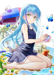 Rule 34 | 1girl, animal, bare arms, bare shoulders, barefoot, beach, beach towel, beach umbrella, bird, blue footwear, blue hair, blue one-piece swimsuit, blush, breasts, bucket, bug, butterfly, cellphone, coconut, coconut tree, commentary request, flower, fujima takuya, green eyes, hair between eyes, highres, highspeed etoile, holding, holding phone, insect, komachi towa, long hair, looking at viewer, multicolored hair, one-piece swimsuit, palm tree, parted lips, phone, sand, sand castle, sand sculpture, sandals, school swimsuit, seagull, sitting, small breasts, solo, streaked hair, swimsuit, towel, tree, trowel, umbrella, unworn sandals, very long hair, wariza, water, white background, white flower