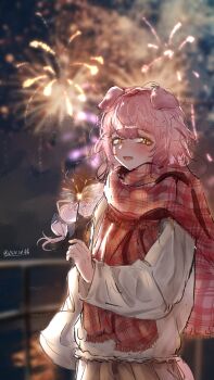 1girl absurdres animal_ears arknights blush brown_skirt chinese_commentary commentary dog_ears dog_girl fireworks goldenglow_(arknights) highres holding holding_fireworks l5mon_meng long_braid long_hair night open_mouth pink_hair plaid_clothes plaid_scarf red_scarf scarf shirt single_sleeve_past_fingers skirt sky solo white_shirt yellow_eyes