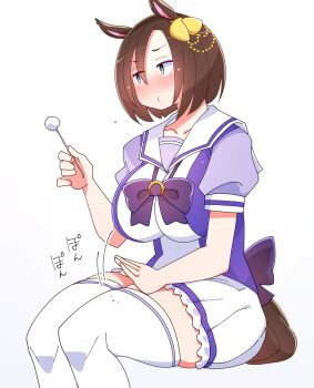 Rule 34 | 1girl, absurdres, air groove (umamusume), animal ears, blush, bow, breasts, brown hair, commentary request, cotton swab, ear bow, ear chain, ear cleaning, ear ornament, hair between eyes, highres, holding cotton swab, horse ears, horse girl, horse tail, huge breasts, kaijin debeso, lap pillow invitation, linked piercing, mimikaki, patting lap, piercing, school uniform, short hair, short sleeves, sitting, solo, tail, thick thighs, thighhighs, thighs, tracen school uniform, umamusume, white thighhighs