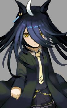 1girl absurdres ahoge animal_ears black_choker black_coat black_shirt black_skirt choker closed_mouth coat collared_shirt commentary_request ear_ornament ear_tag earrings frown furrowed_brow grey_background hair_between_eyes highres horse_ears horse_girl jewelry long_hair_between_eyes long_sleeves manhattan_cafe_(creeping_black)_(umamusume) manhattan_cafe_(umamusume) multicolored_hair necktie nonbirinon223 open_clothes open_coat pleated_skirt shirt simple_background single_earring skirt solo umamusume white_hair yellow_eyes yellow_necktie