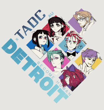 Rule 34 | !, 1other, 2boys, 3girls, absurdres, asymmetrical hair, beard, blonde hair, blue bow, blue eyes, bow, caine (the amazing digital circus), character name, chinese commentary, colored sclera, colored teeth, commentary request, detroit: become human, earrings, facial hair, flaleur, gangle (the amazing digital circus), glasses, green eyes, hair bow, heterochromia, highres, humanization, jewelry, kinger (the amazing digital circus), long hair, multicolored hair, multiple boys, multiple girls, pomni (the amazing digital circus), purple hair, ragatha (the amazing digital circus), red eyes, red hair, short hair, sidecut, spoken exclamation mark, the amazing digital circus, two-tone hair, undercut, white hair, yellow eyes, yellow sclera, yellow teeth, zooble (the amazing digital circus)