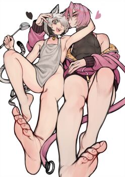 2boys 2n5 :3 apron cat_boy commentary_request covered_navel covered_pectorals full_body grey_eyes hair_over_one_eye heart highres holding holding_ladle ladle male_focus multiple_boys naked_apron no_pants original pectorals pink_hair short_hair tail tiger_tail white_background white_hair