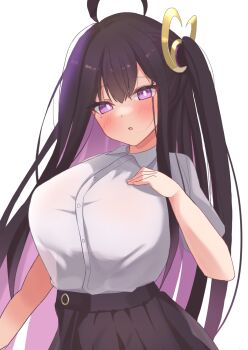 1girl ahoge black_skirt blush breasts chitose_(stella_sora) highres large_breasts layered_shirt looking_at_viewer open_mouth pleated_skirt purple_eyes purple_hair shirt side_ponytail skirt solo stella_sora white_shirt zum_rock
