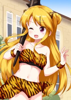 1girl ;d animal_print bikini blonde_hair blush collarbone commentary_request cone_horns cowboy_shot day hair_bun hair_ornament highres holding holding_weapon horns kin-iro_mosaic kujou_karen long_hair navel one_eye_closed open_mouth outdoors print_bikini ruu_(tksymkw) single_side_bun smile solo strapless strapless_bikini swimsuit tiger_print weapon x_hair_ornament