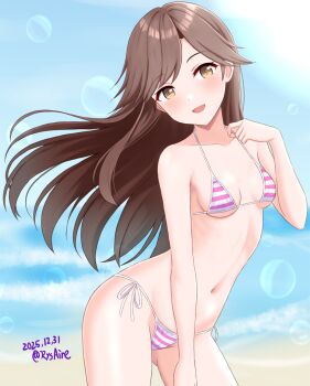 1girl ame-san arashio_(kancolle) bikini breasts brown_eyes brown_hair highres kantai_collection long_hair looking_at_viewer navel open_mouth side-tie_bikini_bottom small_breasts smile solo string_bikini swimsuit very_long_hair