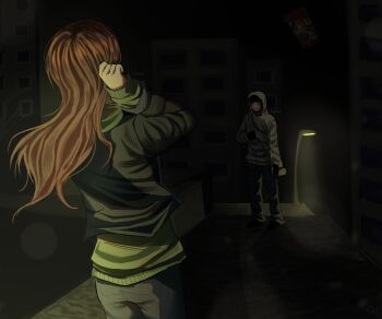 1boy 1girl absurdres bag black_gloves black_jacket brown_hair commentary cry_of_fear gloves green_hoodie grey_hoodie highres hood hood_up hoodie jacket lamppost long_hair looking_at_another night outdoors raykills road shoulder_bag simon_henriksson sophie_(cry_of_fear) standing street symbol-only_commentary