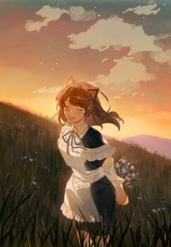1girl :d ^_^ animal_ears apron backlighting black_dress blue_flower blue_ribbon brooch brown_hair brown_ribbon closed_eyes cloud cocoa_(shinyshynii) collar commentary dress english_commentary evening floating_hair flower frilled_apron frills gradient_sky grass grey_sky hair_ribbon highres hill holding holding_behind_back jewelry medium_hair mole mole_under_eye neck_ribbon open_mouth orange_sky original outdoors purple_sky ribbon shinyshynii short_sleeves sky smile solo star_(sky) swept_bangs tall_grass teeth twilight upper_body upper_teeth_only white_apron white_collar wolf_ears wolf_girl