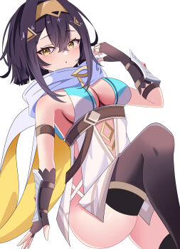 1girl :o absurdres amber_(stella_sora) arm_guards armlet belt black_gloves black_hair black_thighhighs brown_belt commentary crossed_bangs dress fingerless_gloves gloves hair_between_eyes hair_ornament hairclip highres jewelry medium_hair sankaku_(maruchann32) scarf simple_background solo standing standing_on_one_leg stella_sora thighhighs tiara v-neck white_background white_dress white_scarf yellow_eyes