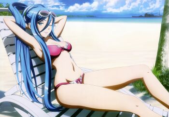 2girls absurdres aoki_hagane_no_arpeggio armpits arms_behind_head arpeggio beach bikini blue_eyes blue_hair breasts chair cleavage cloud cruiser day deck_chair eyewear_on_head female_focus folding_chair green_eyes highres legs long_hair lounge_chair medium_breasts military military_vehicle mole multiple_girls navel no non-web_source ocean one_eye_closed outdoors ponytail sanzigen scan ship sky smile sunglasses sunglasses_on_head swimsuit takao_(aoki_hagane_no_arpeggio) third-party_edit tree vehicle very_long_hair warship water watercraft weapon white_hair wink