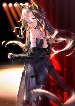 1girl absurdres animal_ears asymmetrical_bangs bare_shoulders black_dress black_pantyhose blurry brown_hair choker closed_mouth curtains depth_of_field dream_journey_(a_dreamy_invitation)_(umamusume) dream_journey_(umamusume) dress ear_covers eyewear_strap glint grey_hair gul_(parfaitgul) highres horse_ears horse_girl horse_tail jacket long_hair looking_at_viewer looking_back multicolored_hair pantyhose pink_eyes purple_jacket red_nails shadow single_ear_cover smile solo spotlight stage strapless strapless_dress tail two-tone_hair umamusume undressing walking