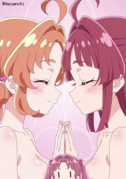 2girls aachan_(aacyanchi) ahoge akechi_anna blush breasts brown_hair censored closed_eyes commentary_request highres kobayashi_mikuru meitantei_precure! multiple_girls novelty_censor nude pink_background precure red_hair smile upper_body