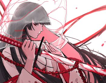 Rule 34 | 1girl, artist name, black hair, bridal veil, closed mouth, from side, hashtag-only commentary, highres, holding, holding sword, holding weapon, hood, imoyokan0404, japanese clothes, katana, kimono, limbus company, long hair, long sleeves, looking at viewer, project moon, red eyes, ryoshu (project moon), see-through clothes, shiromuku, simple background, solo, sword, uchikake, veil, wataboushi, weapon, white background, white kimono, wide sleeves