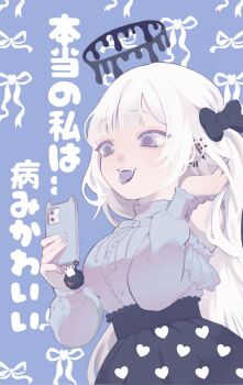 1girl barbell_piercing black_bow black_halo black_skirt blue_background blue_eyes blue_nails blue_shirt blue_tongue bow breasts cellphone cellphone_charm charm_(object) colored_tongue cowboy_shot fangs fingernails hair_bow halo hand_in_own_hair hashtag-only_commentary heart high-waist_skirt highres holding holding_phone jirai_kei large_breasts long_hair long_sleeves looking_at_phone melting_halo multiple_piercings nail_polish open_mouth original parted_bangs phone piercing shirt skirt smartphone smile solo spiked_ear_piercing tongue tongue_out tongue_piercing translation_request vyeranika white_hair