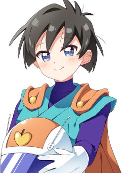Rule 34 | 1girl, black hair, blue eyes, blue shirt, blush, cape, closed mouth, commentary, dragon ball, dragon ball (classic), great saiyaman 2, haru (konomi 150), helmet, highres, holding, holding unworn helmet, long sleeves, looking at viewer, orange cape, shirt, short hair, simple background, smile, solo, unworn headwear, unworn helmet, upper body, videl, white background, white helmet